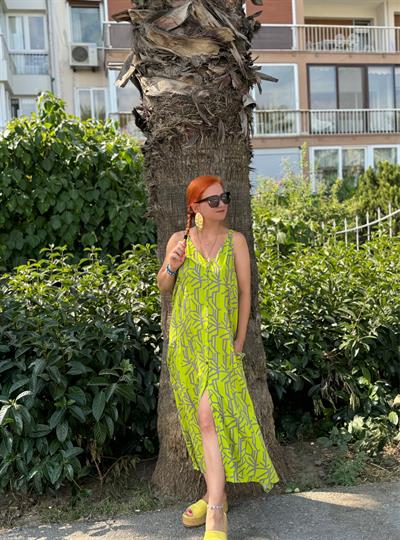 5810 CEP DETAY  TASARIM ELBİSE 46 BEDENE KADAR UYUMLUDUR YAĞ YEŞİLİ-GRİ  boyum 1.64