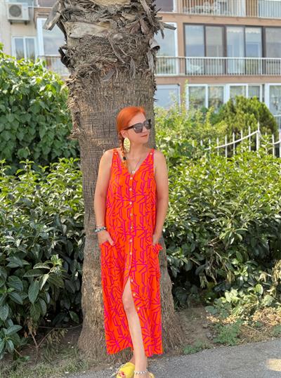 5810 CEP DETAY TASARIM ELBİSE 46 BEDENE KADAR UYUMLUDUR  TURUNCU-MOR boyum 1.64