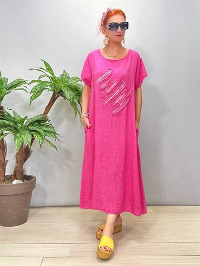 6021 Italyan Keten Elbise Pembe 