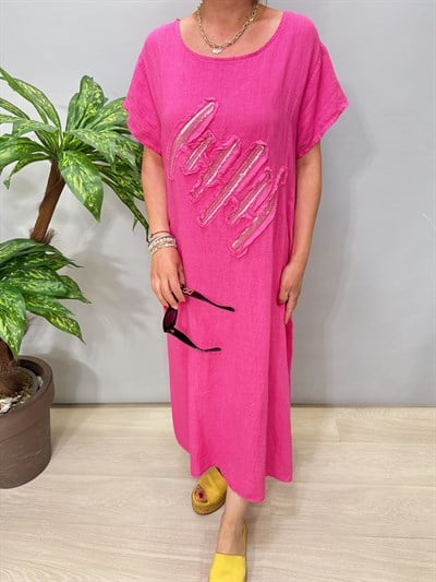 6021 Italyan Keten Elbise Pembe 