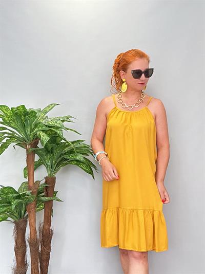 6023 Pamuklu Viskon Elbise Hardal Sarısı