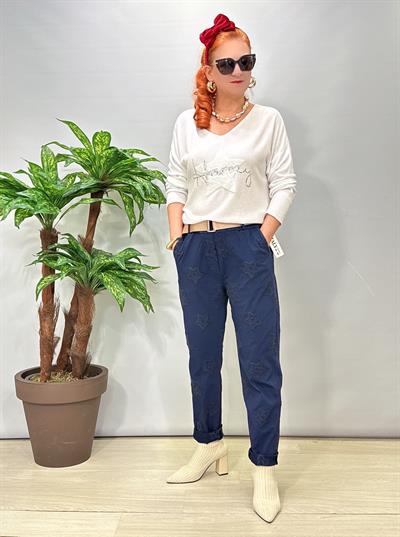 6025 Italyan Yıldız Nakış İşlemeli Pantolon Lacivert