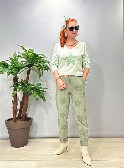 6025 Italyan Yıldız Nakış İşlemeli Pantolon Haki