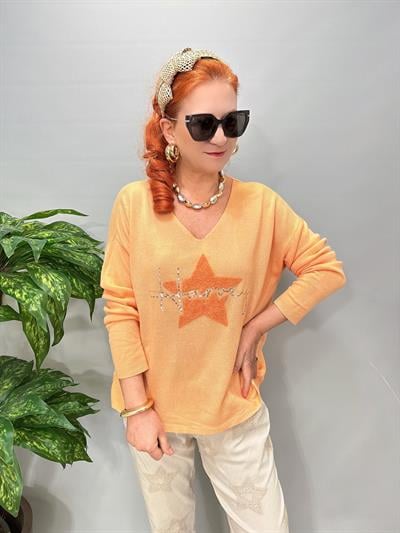 6025 Italyan Yıldız Punch İşleme Triko Bluz Yavruağzı