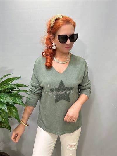 6025 Italyan Yıldız Punch İşleme Triko Bluz Haki 