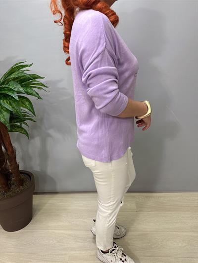 6025 Italyan Yıldız Punch İşleme Triko Bluz Lila