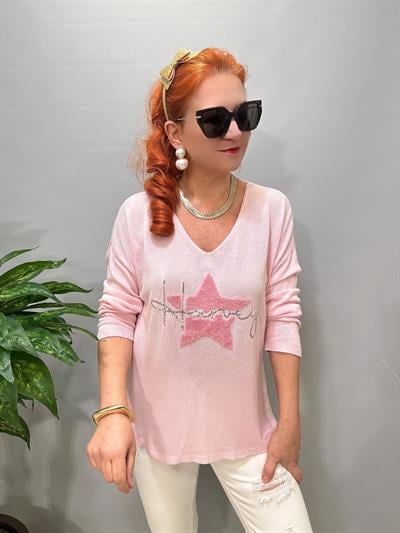 6025 Italyan Yıldız Punch İşleme Triko Bluz Pudra