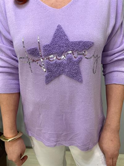 6025 Italyan Yıldız Punch İşleme Triko Bluz Lila