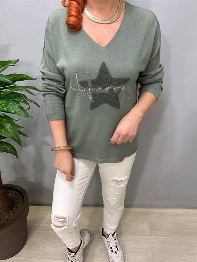 6025 Italyan Yıldız Punch İşleme Triko Bluz Haki 