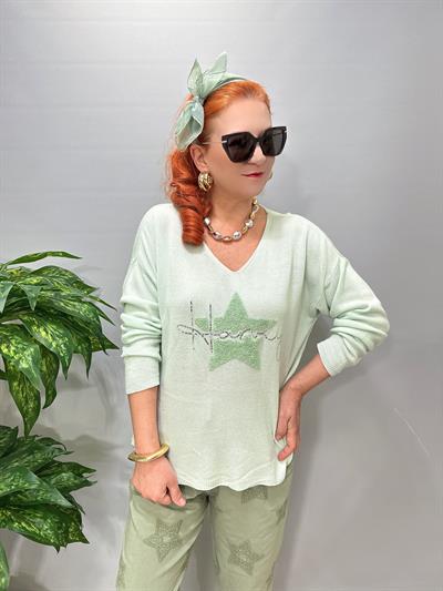 6025 Italyan Yıldız Punch İşleme Triko Bluz Mint 
