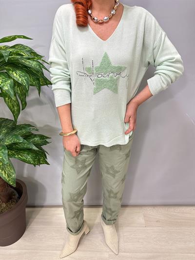 6025 Italyan Yıldız Punch İşleme Triko Bluz Mint 