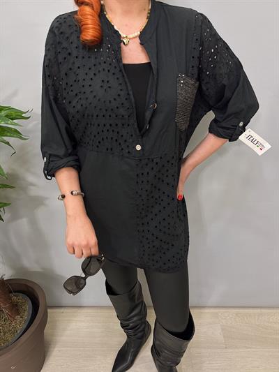 6045 Italyan Fisto Detaylı Gömlek Bluz Siyah