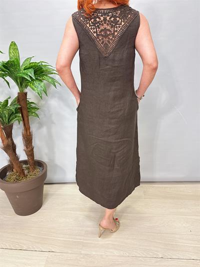 6047 Italyan Sırt Detay Ham Keten Elbise Acı Kahve