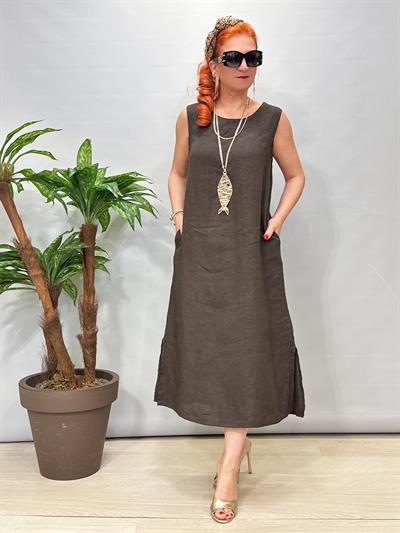6047 Italyan Sırt Detay Ham Keten Elbise Acı Kahve