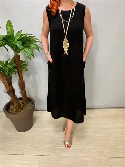 6047 Italyan Sırt Detay Ham Keten Elbise Siyah