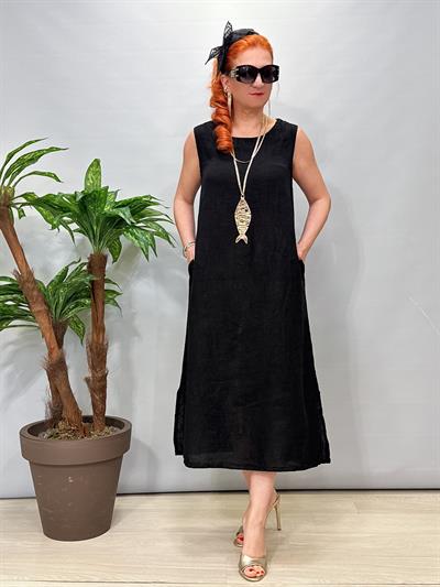6047 Italyan Sırt Detay Ham Keten Elbise Siyah