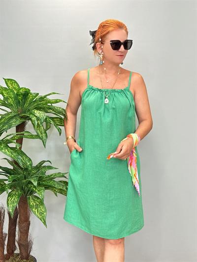 6055 Ham Keten Elbise Açık Yeşil