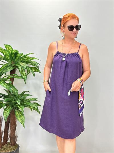 6055 Ham Keten Elbise Mor