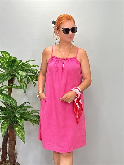 6055 Ham Keten Elbise Pembe