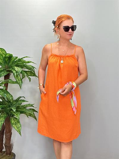 6055 Ham Keten Elbise Turuncu