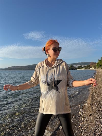 6160 Yıldız Detay Sweatshirt Taş