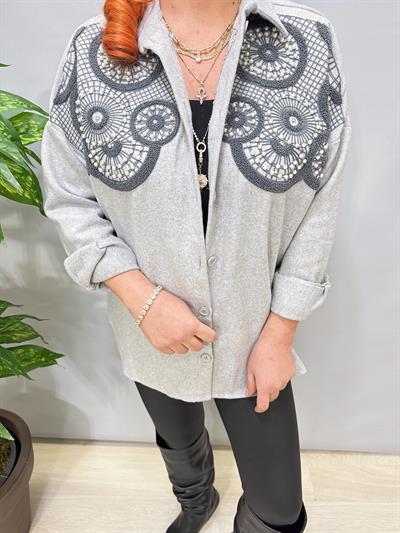 6226 Gri Nakış Detaylı Kaşe Gömlek-Ceket