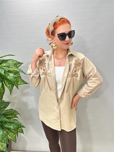 6226 Taş Boncuk İşlemeli Kaşe Gömlek-Ceket