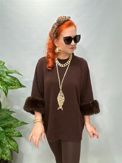 6230 Kollar Kürk Detaylı Triko Bluz Kahve