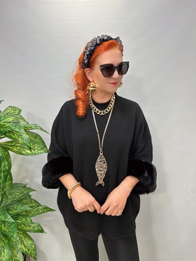 6230 Kollar Kürk Detaylı Triko Bluz Siyah