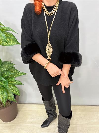 6230 Kollar Kürk Detaylı Triko Bluz Siyah