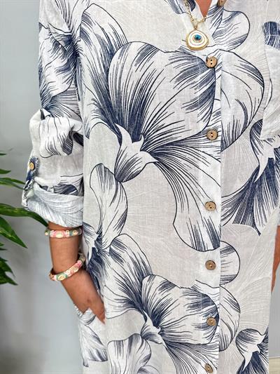 6515 Italyan Ham Keten Elbise Beyaz