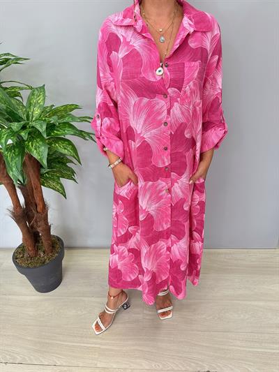 6515 Italyan Ham Keten Elbise Pembe