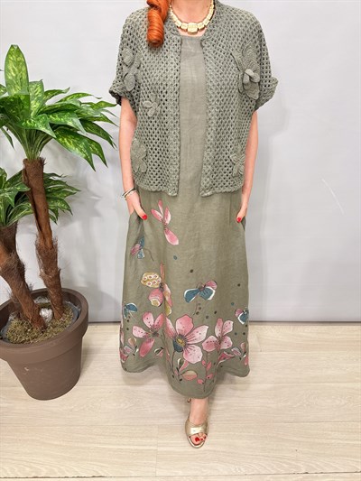 8590 Italyan Ham Keten Elbise Haki