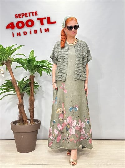 8590 Italyan Ham Keten Elbise Haki