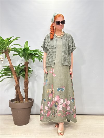 8590 Italyan Ham Keten Elbise Haki