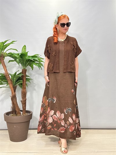 8590 Italyan Ham Keten Elbise Kahve