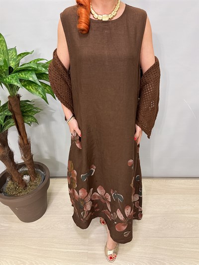 8590 Italyan Ham Keten Elbise Kahve