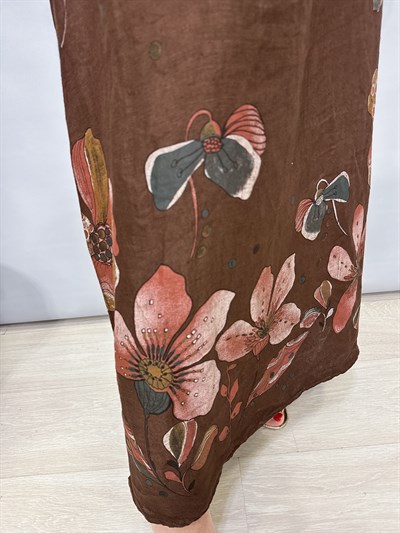 8590 Italyan Ham Keten Elbise Kahve