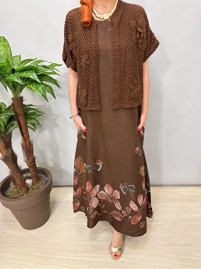 8590 Italyan Ham Keten Elbise Kahve