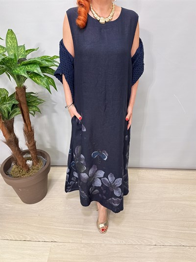 8590 Italyan Ham Keten Elbise Lacivert