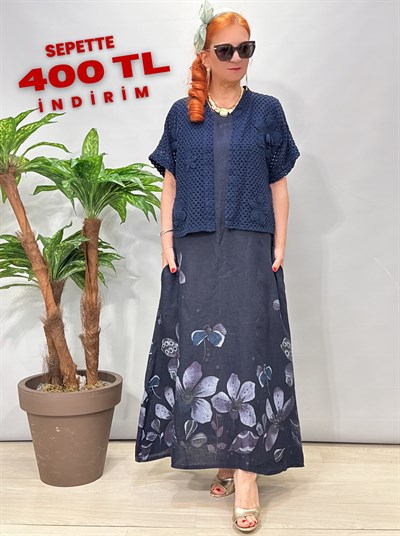 8590 Italyan Ham Keten Elbise Lacivert