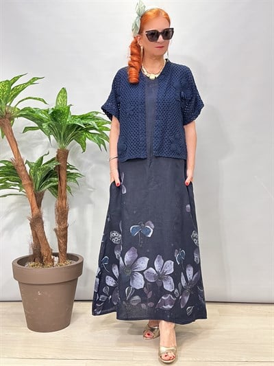 8590 Italyan Ham Keten Elbise Lacivert