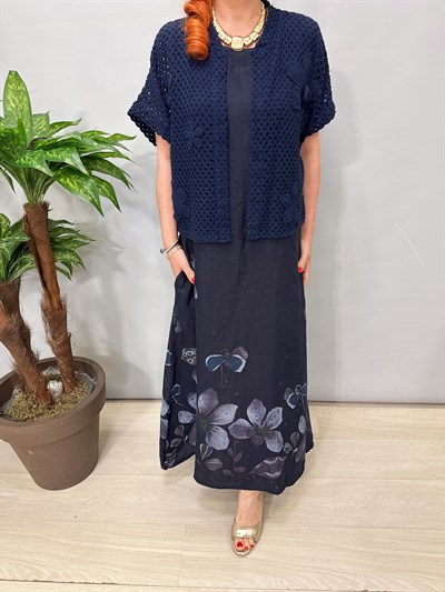 8590 Italyan Ham Keten Elbise Lacivert