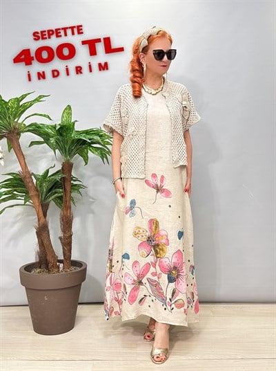 8590 Italyan Ham Keten Elbise Taş