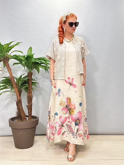 8590 Italyan Ham Keten Elbise Taş