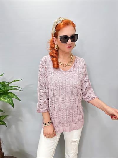 6690 Italyan Ajurlu Triko Bluz Açık Leylak