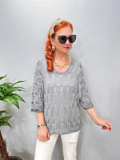 6690 Italyan Ajurlu Triko Bluz Gri