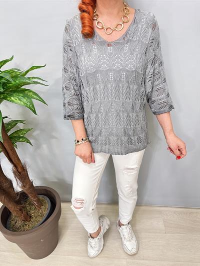 6690 Italyan Ajurlu Triko Bluz Gri