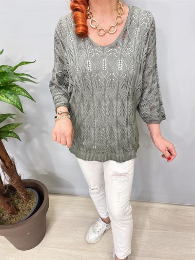 6690 Italyan Ajurlu Triko Bluz Haki