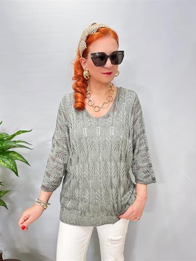 6690 Italyan Ajurlu Triko Bluz Haki